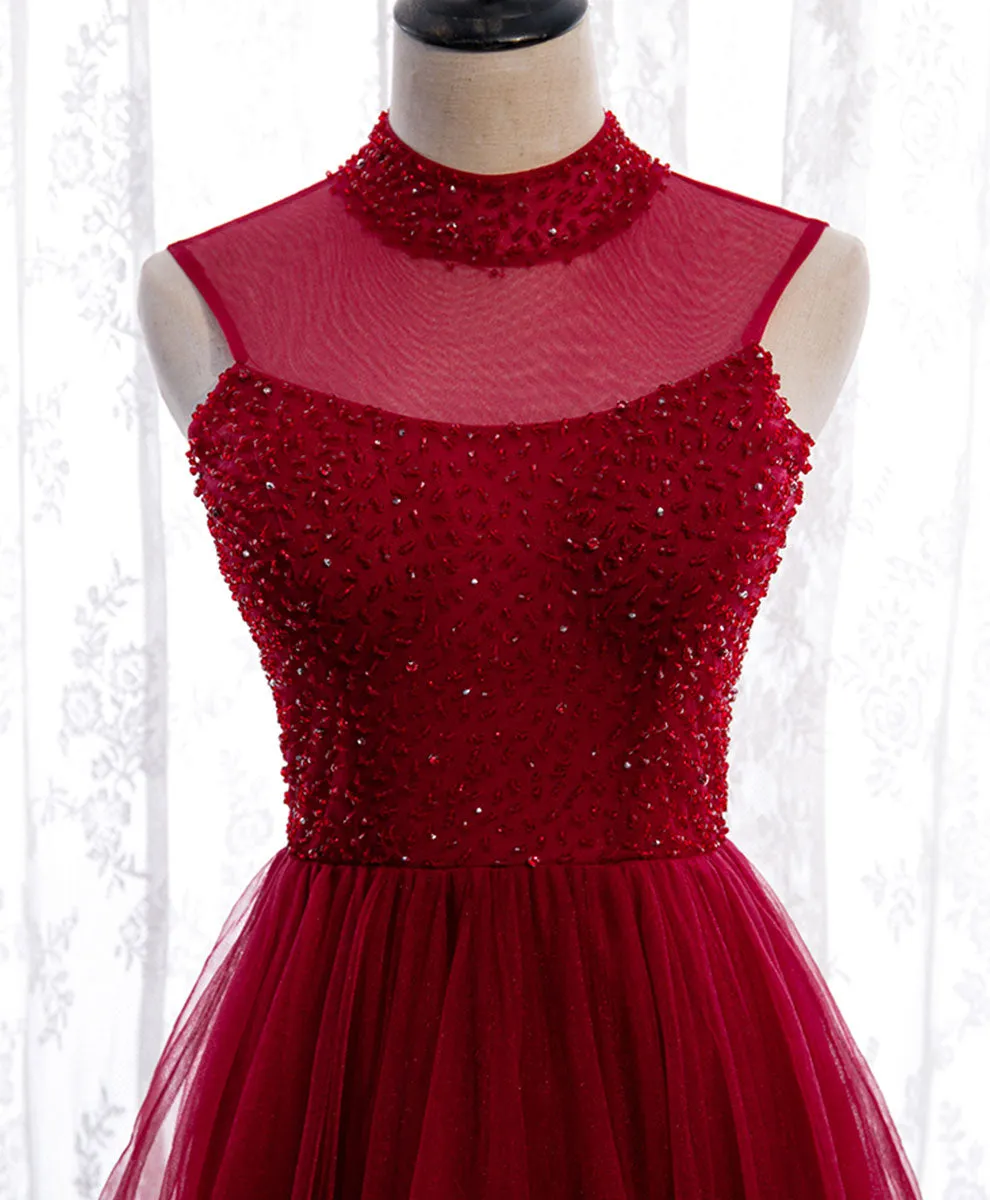 Burgundy High Neck Tulle Sequin Beads Long Evening Dresses