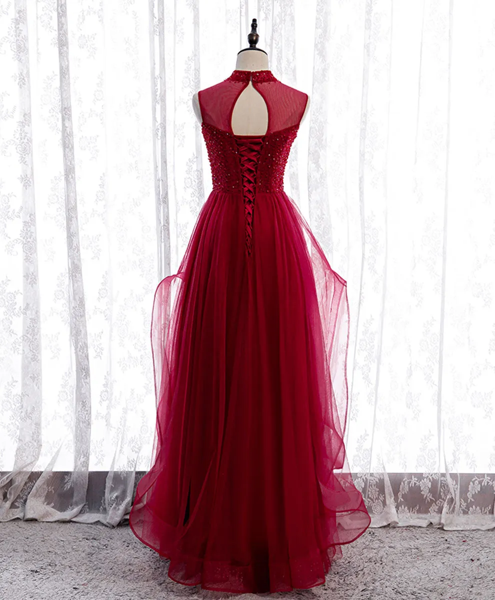 Burgundy High Neck Tulle Sequin Beads Long Evening Dresses