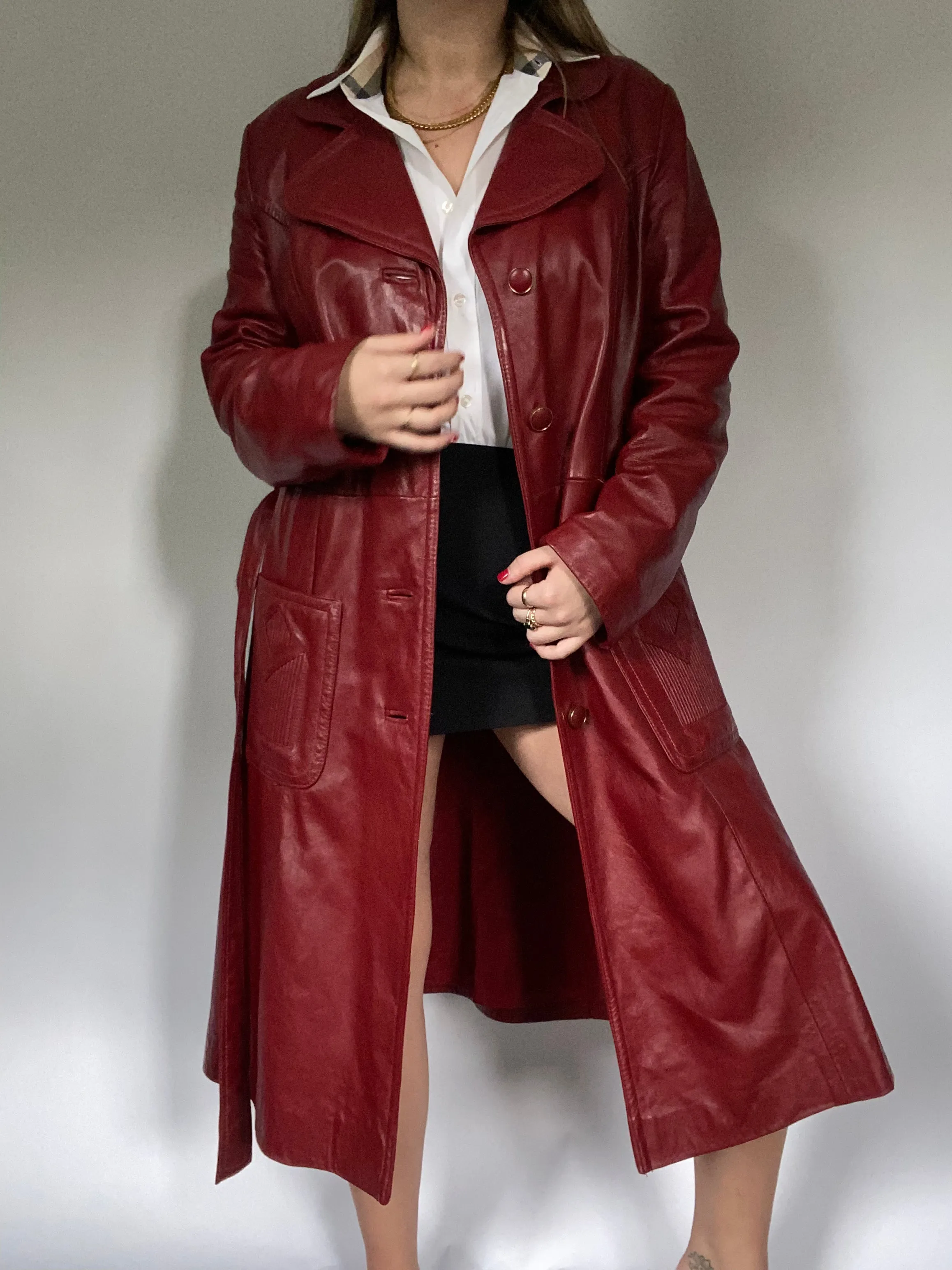 Burgundy Leather Trench Coat Size M