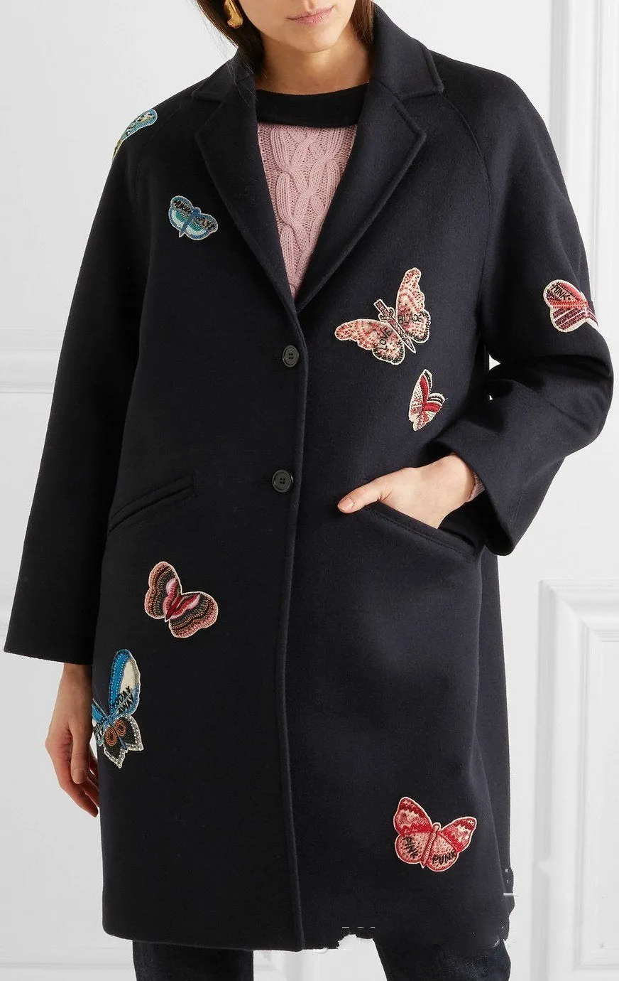 Butterfly Embroidered Wool Coat