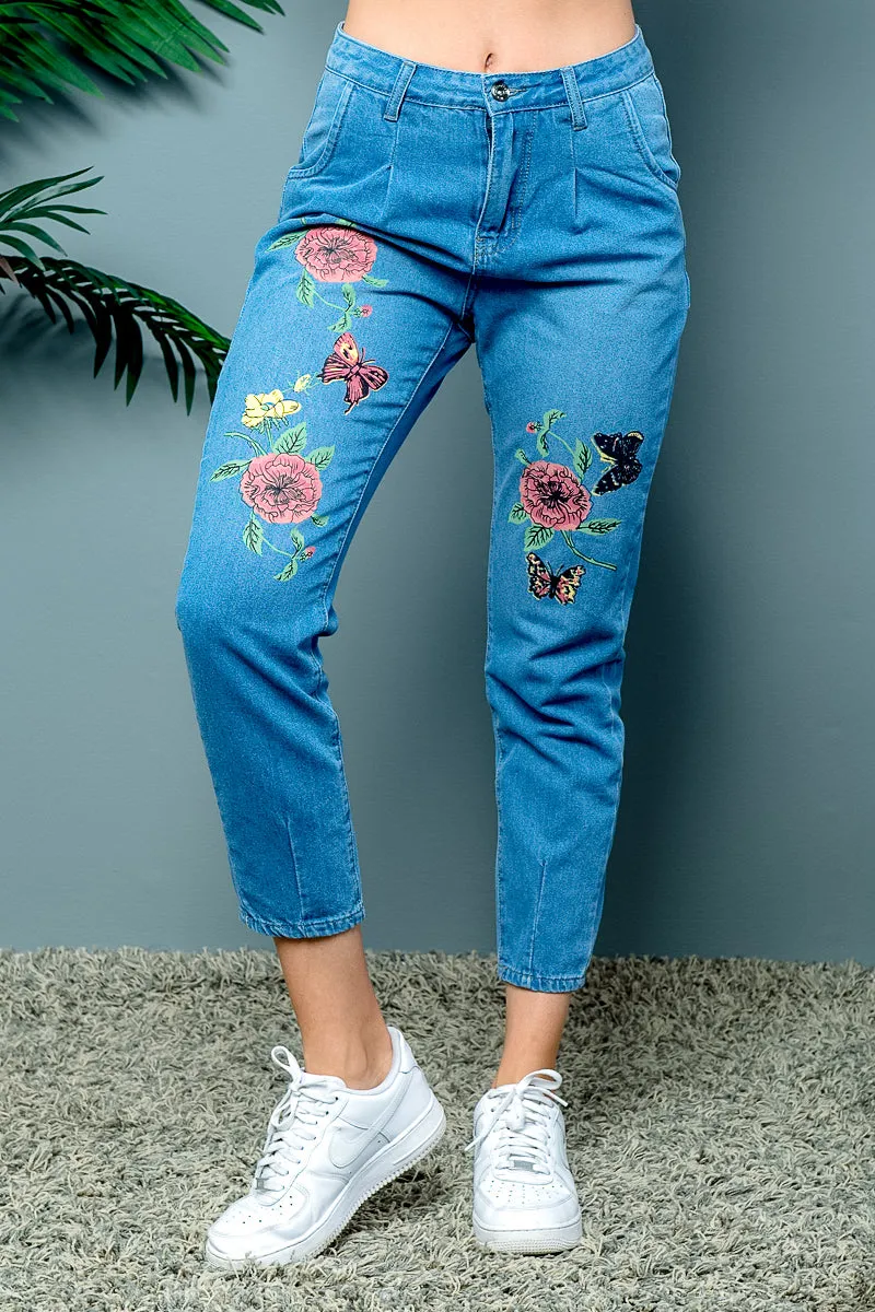 'Butterfly Rose' Floral Embroidered High Waist Cropped Denim Jeans (SDR-11085)