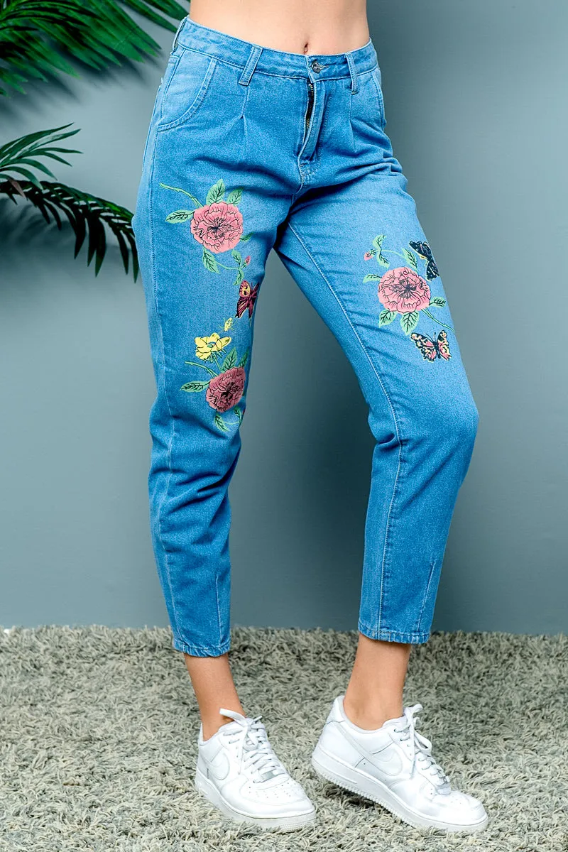 'Butterfly Rose' Floral Embroidered High Waist Cropped Denim Jeans (SDR-11085)