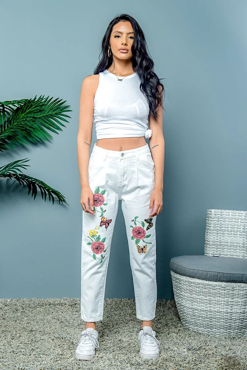 'Butterfly Rose' Floral Embroidered High Waist Cropped Denim Jeans (SDR-11085)