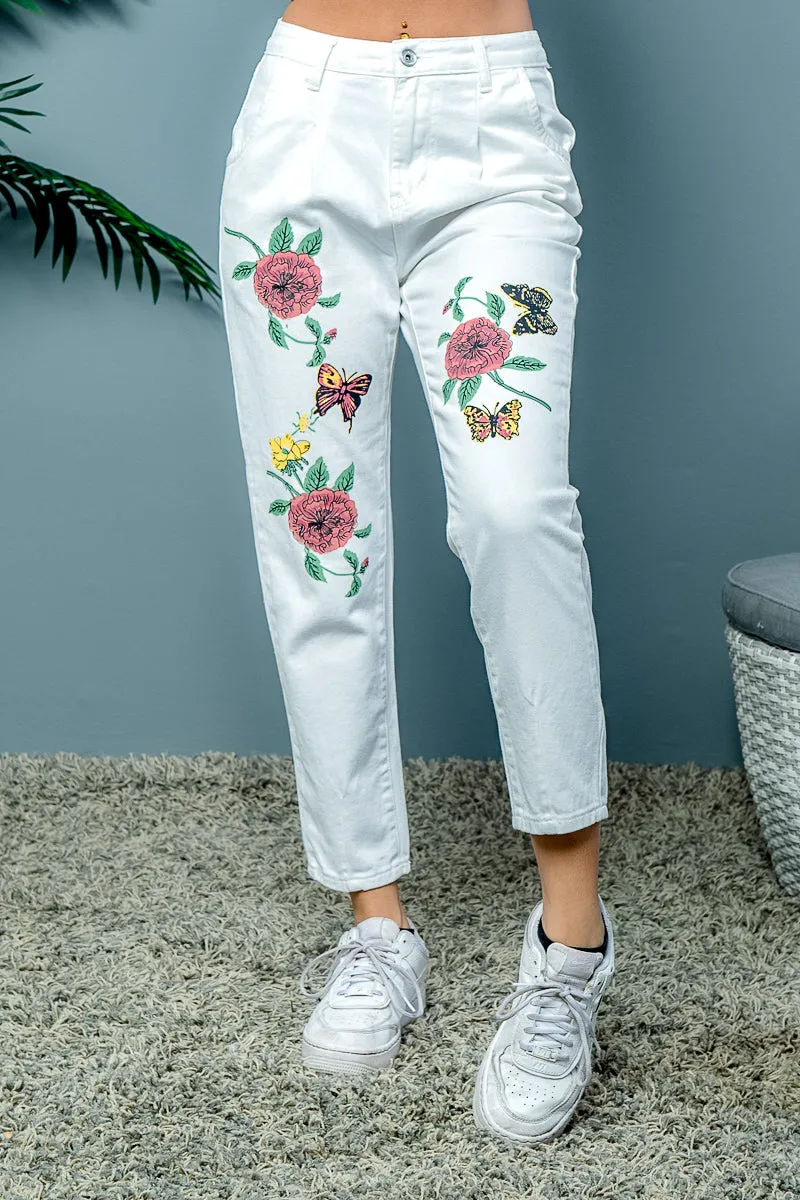 'Butterfly Rose' Floral Embroidered High Waist Cropped Denim Jeans (SDR-11085)