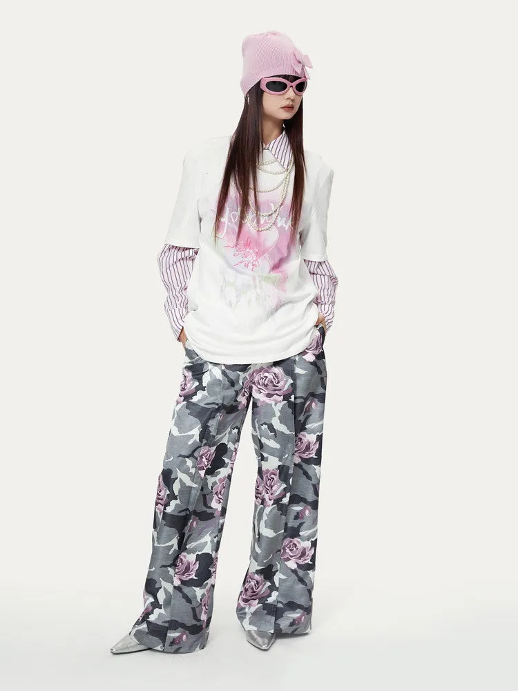 Camouflage Flower High-Waist Speckled Rose Nichi Wide-Pants