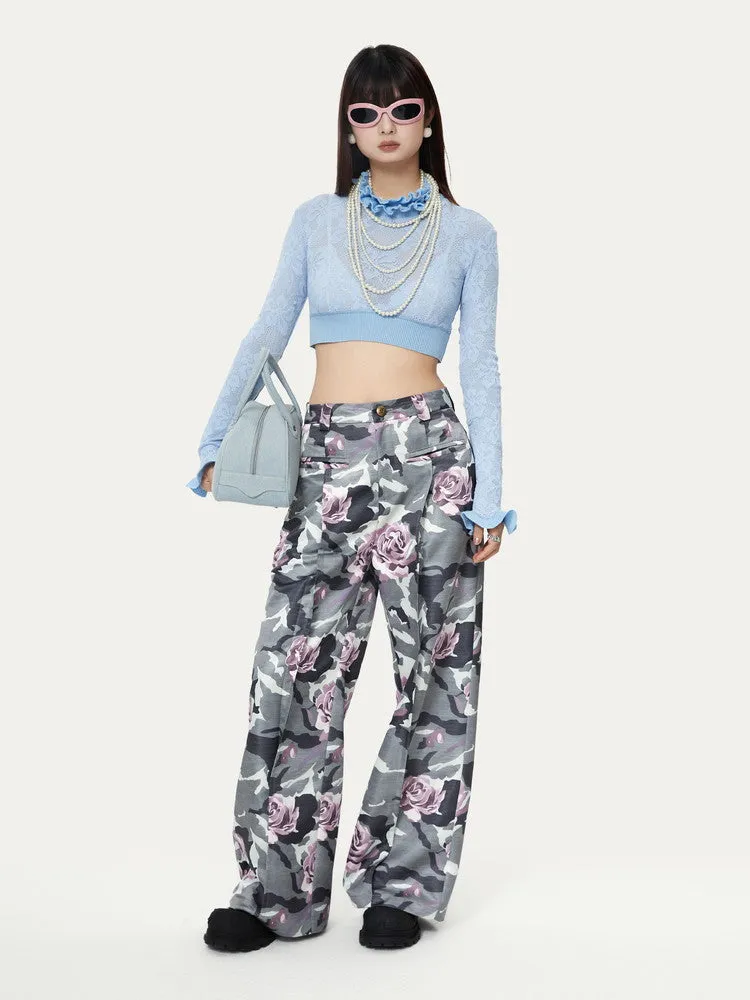 Camouflage Flower High-Waist Speckled Rose Nichi Wide-Pants