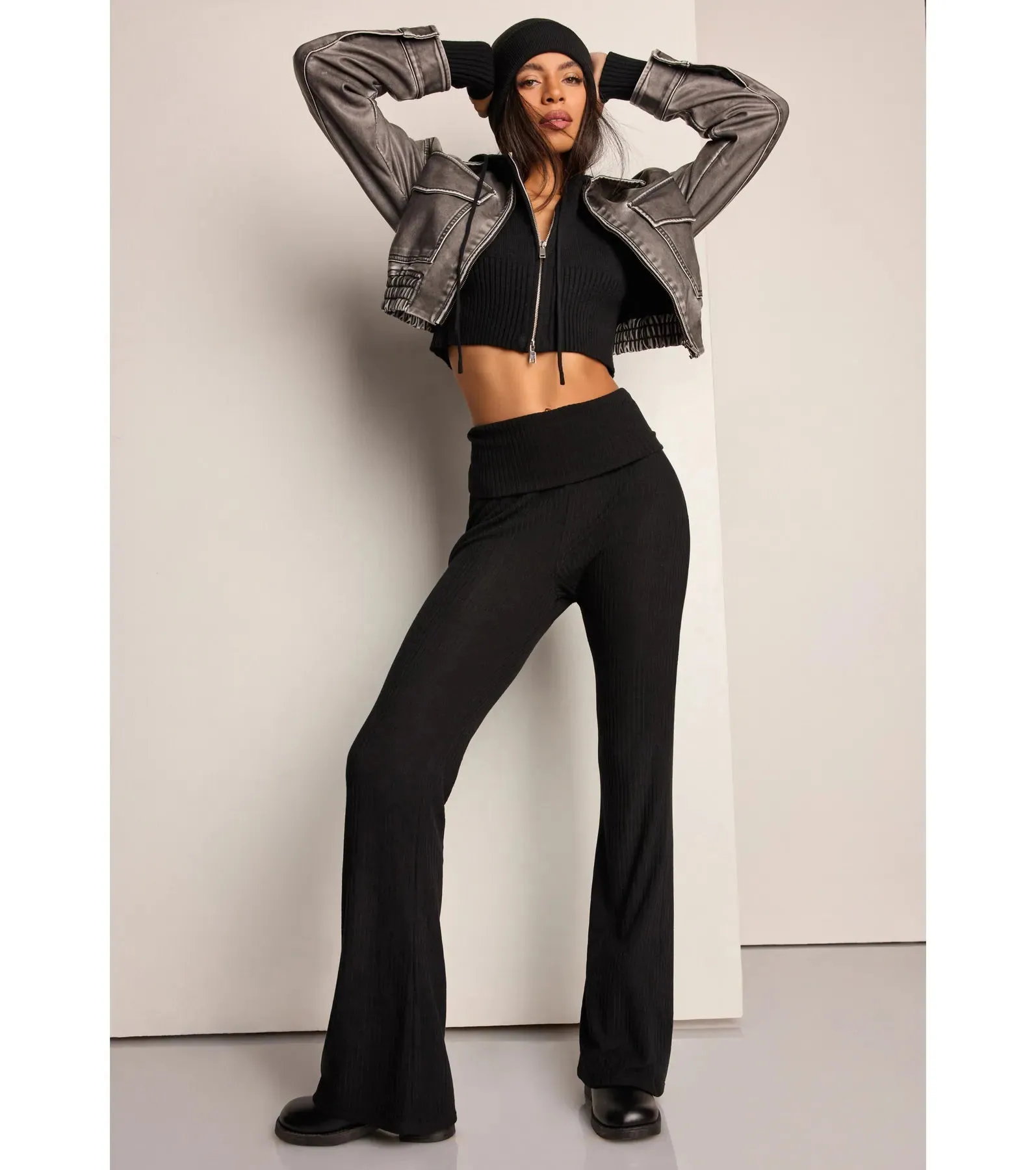 Casual Trend Knit Fold-Over Flare Pants