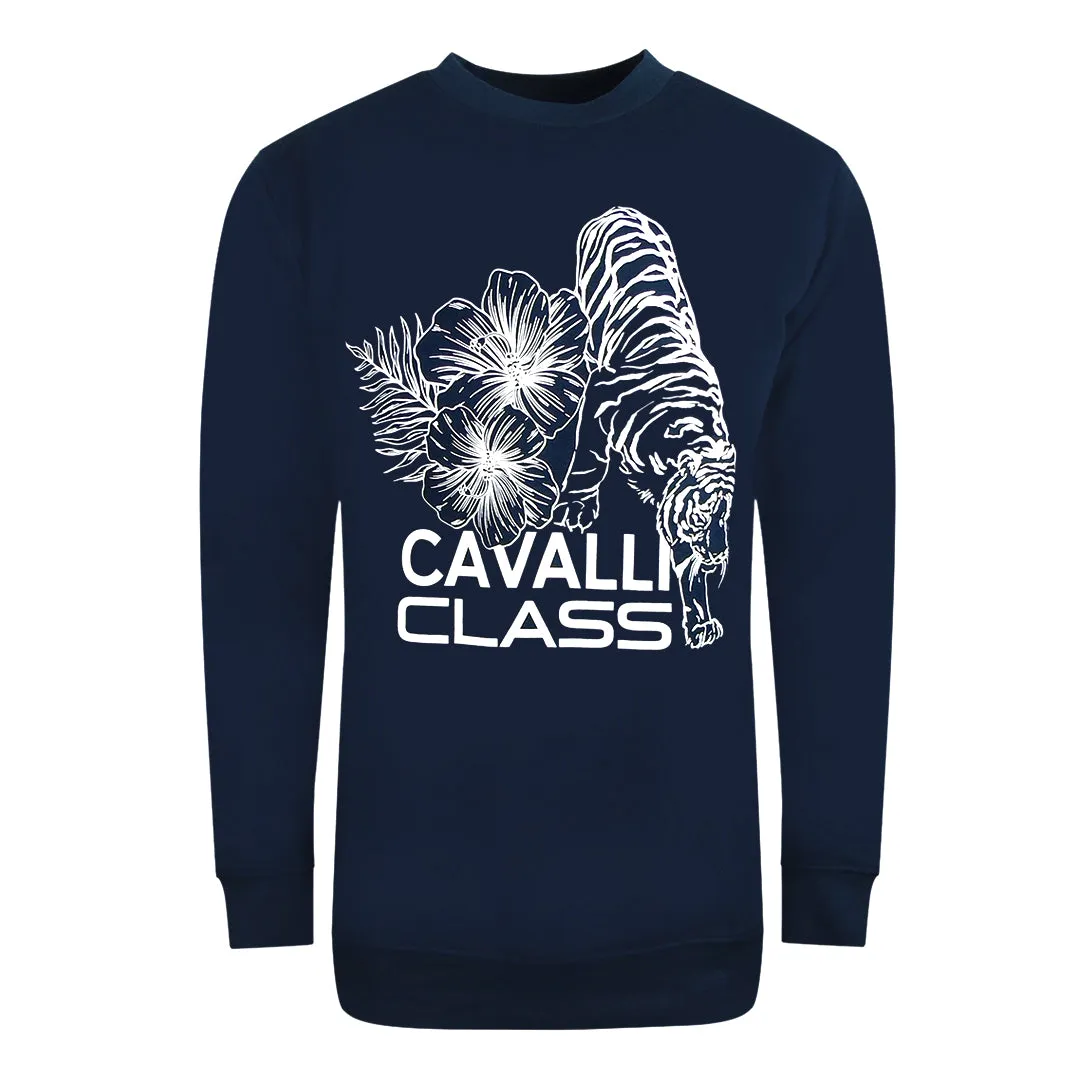 Cavalli Class Large Floral Tiger Design Navy Blue Sweatshirt