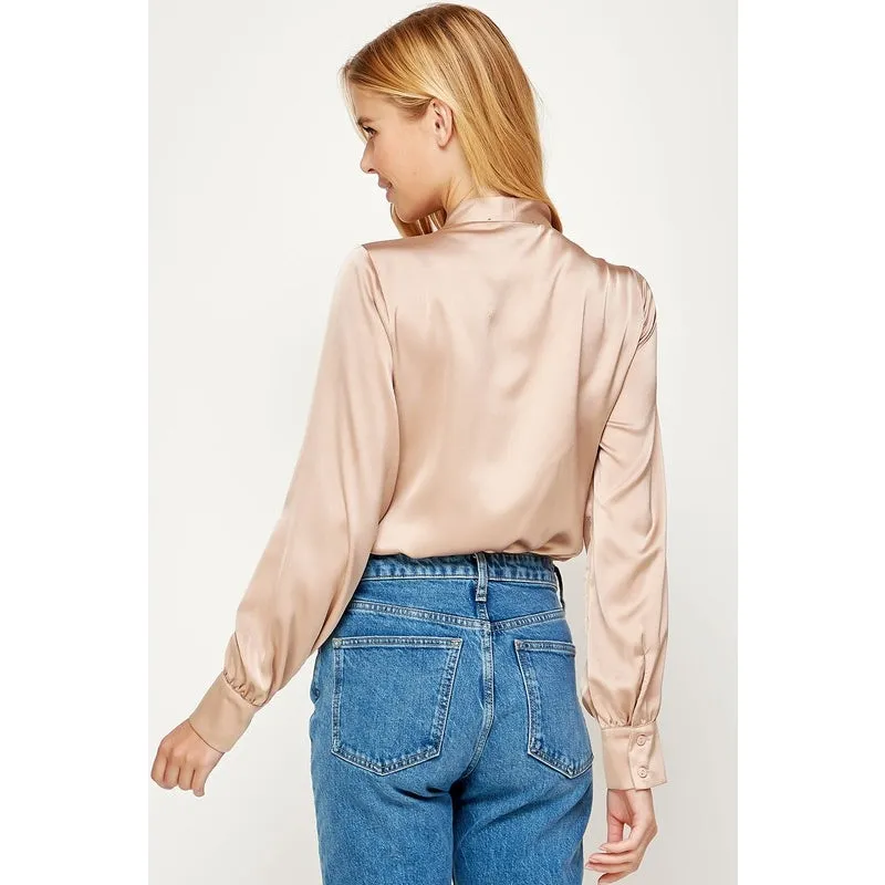 Champagne Billow Sleeves Satin Bodysuit