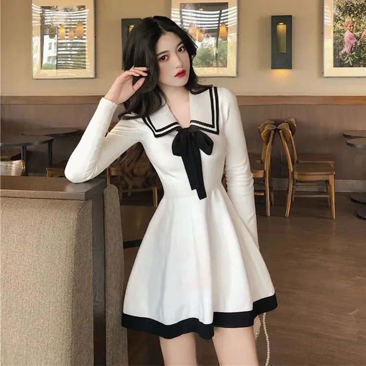 Chic Preppy Bowknot Lapel High Waist Mini Dress