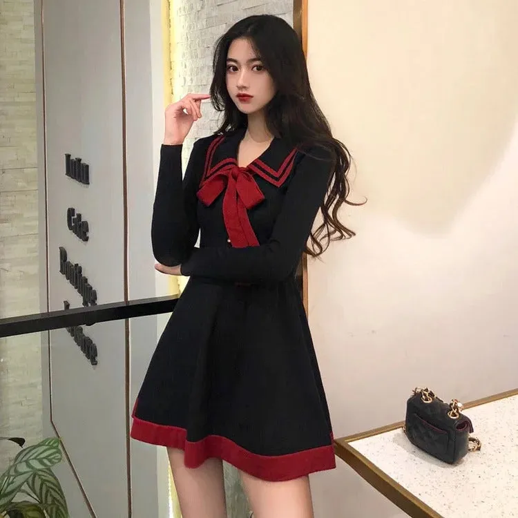 Chic Preppy Bowknot Lapel High Waist Mini Dress