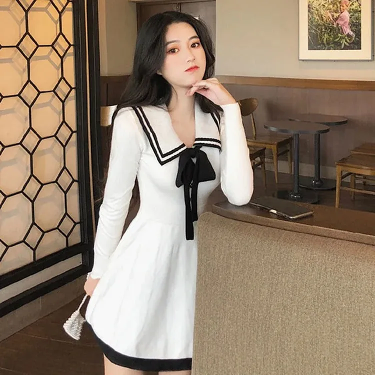 Chic Preppy Bowknot Lapel High Waist Mini Dress