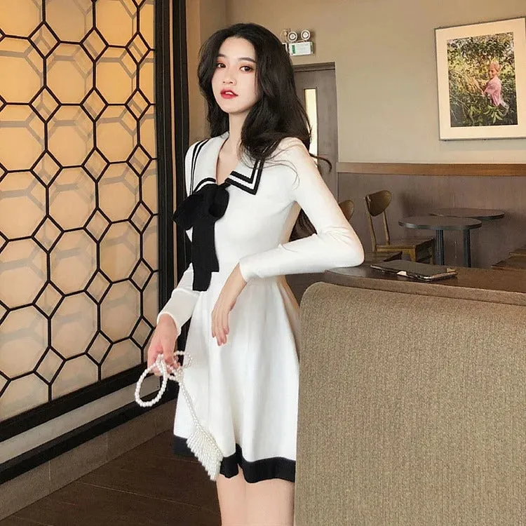 Chic Preppy Bowknot Lapel High Waist Mini Dress