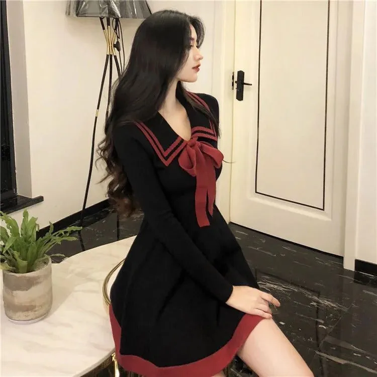 Chic Preppy Bowknot Lapel High Waist Mini Dress