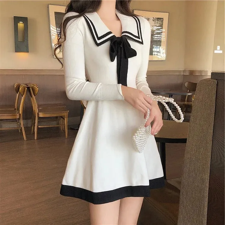 Chic Preppy Bowknot Lapel High Waist Mini Dress