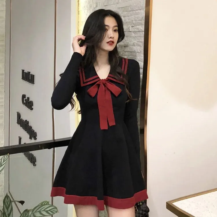 Chic Preppy Bowknot Lapel High Waist Mini Dress