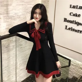 Chic Preppy Bowknot Lapel High Waist Mini Dress