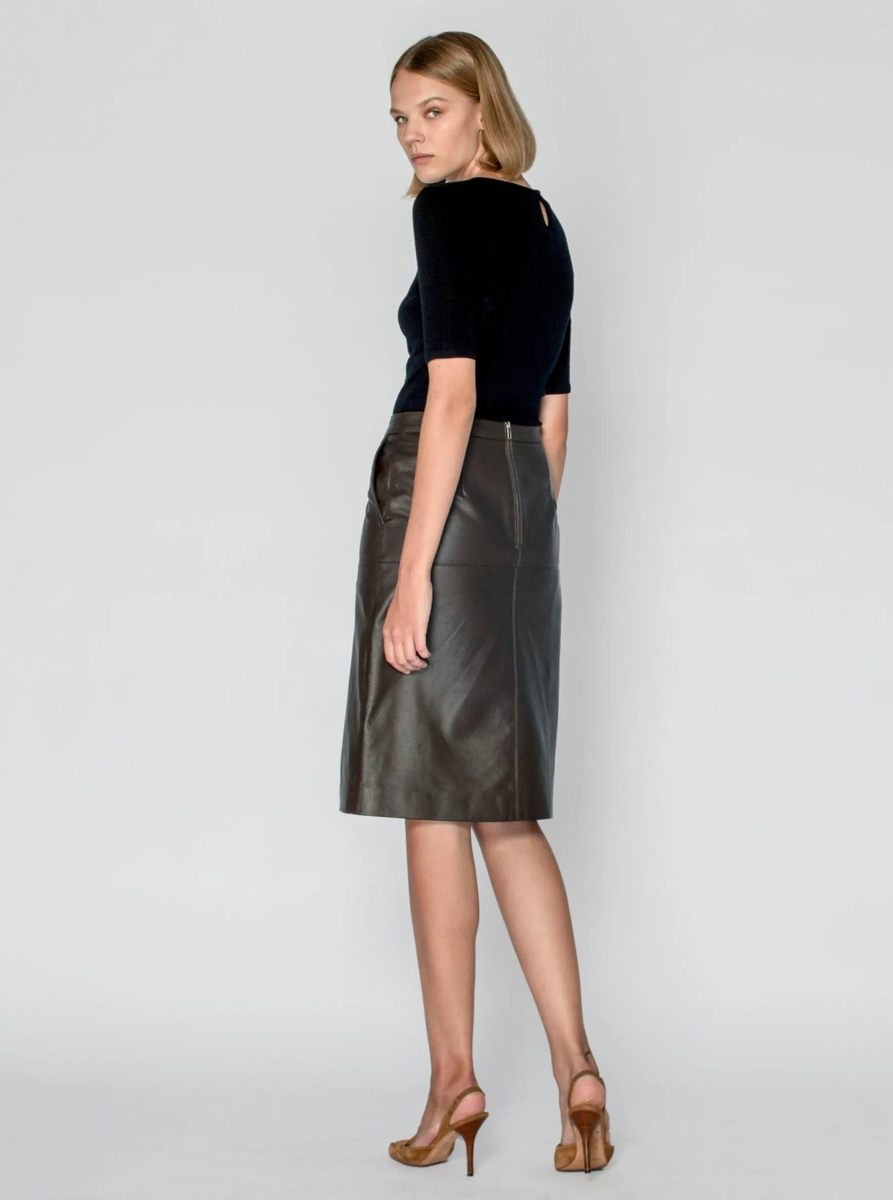 CLEO LEATHER MIDI SKIRT - CHOCOLATE BROWN