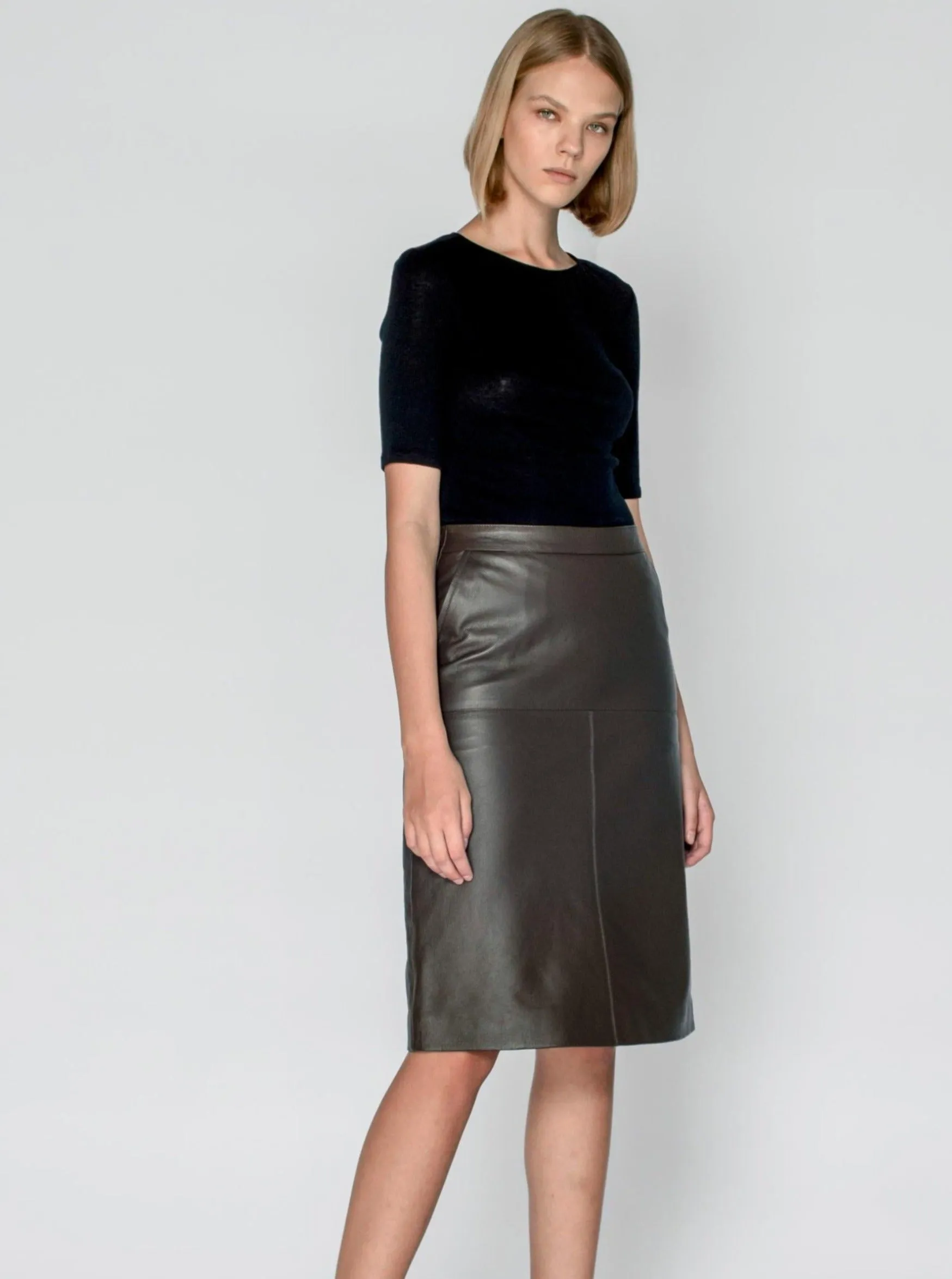 CLEO LEATHER MIDI SKIRT - CHOCOLATE BROWN