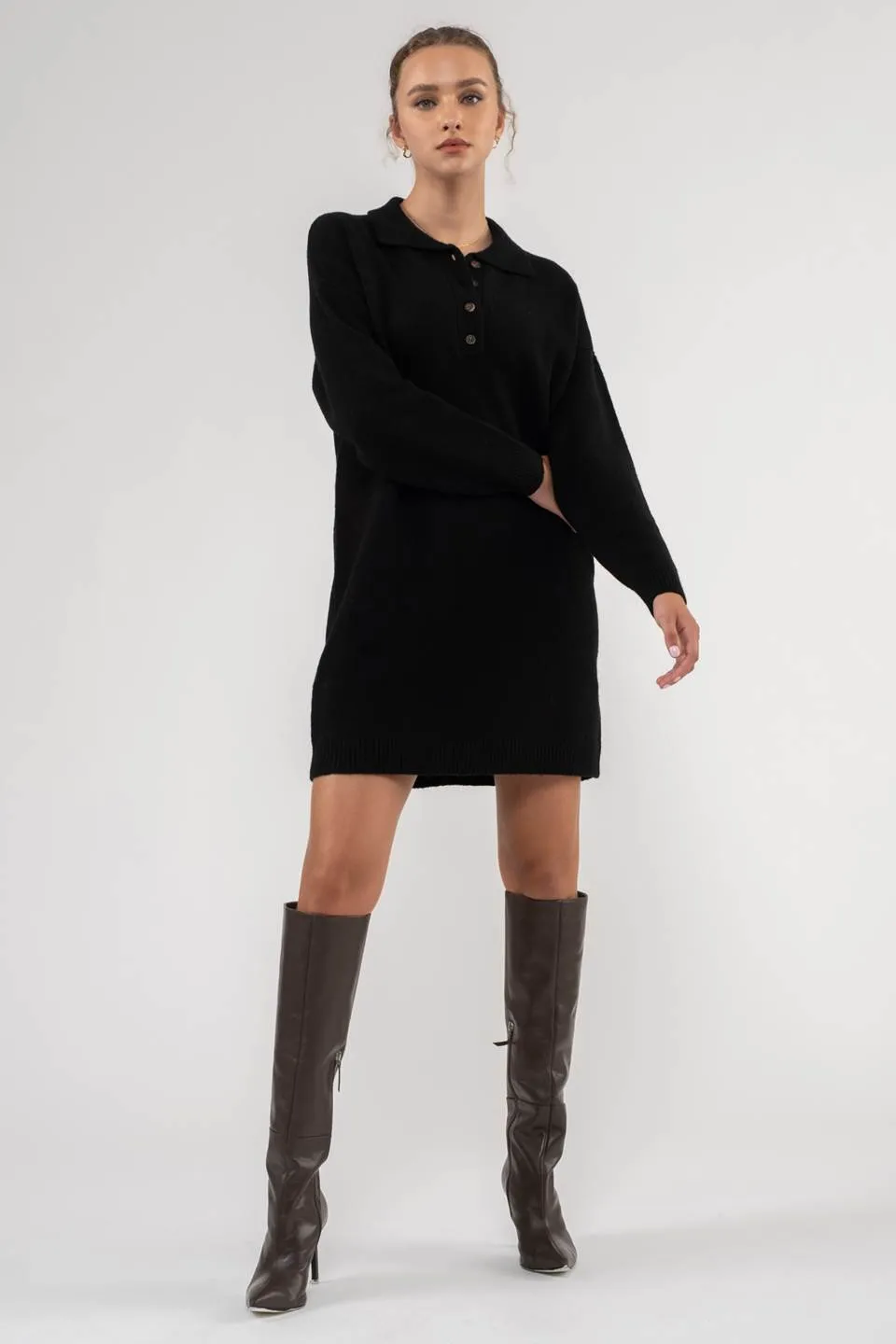 COLLARED DROP SHOULDER MINI SWEATER DRESS