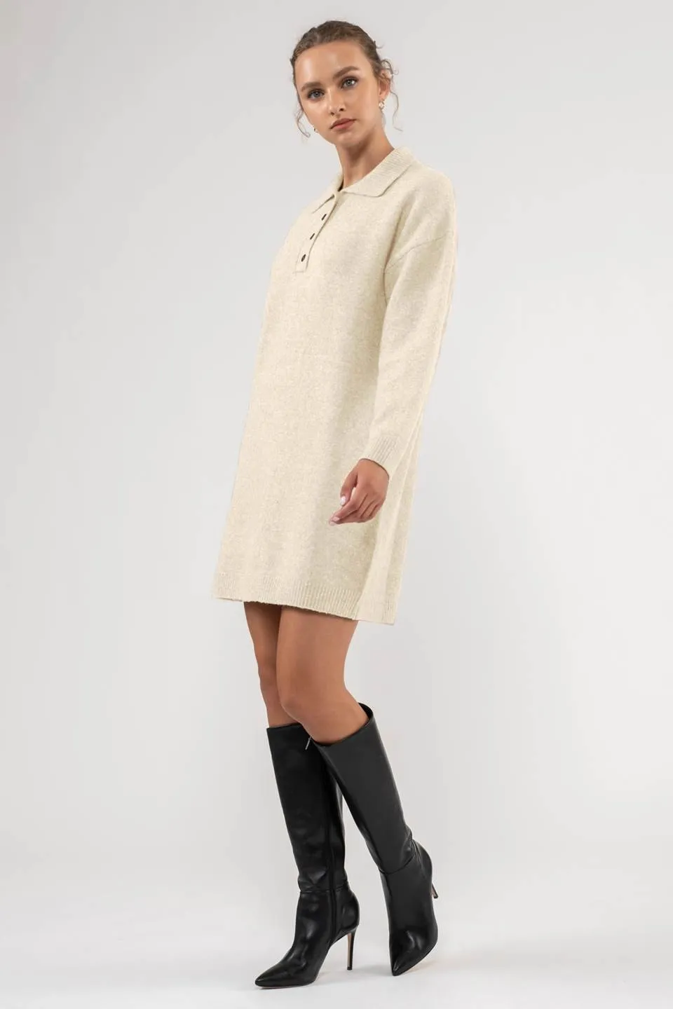 COLLARED DROP SHOULDER MINI SWEATER DRESS