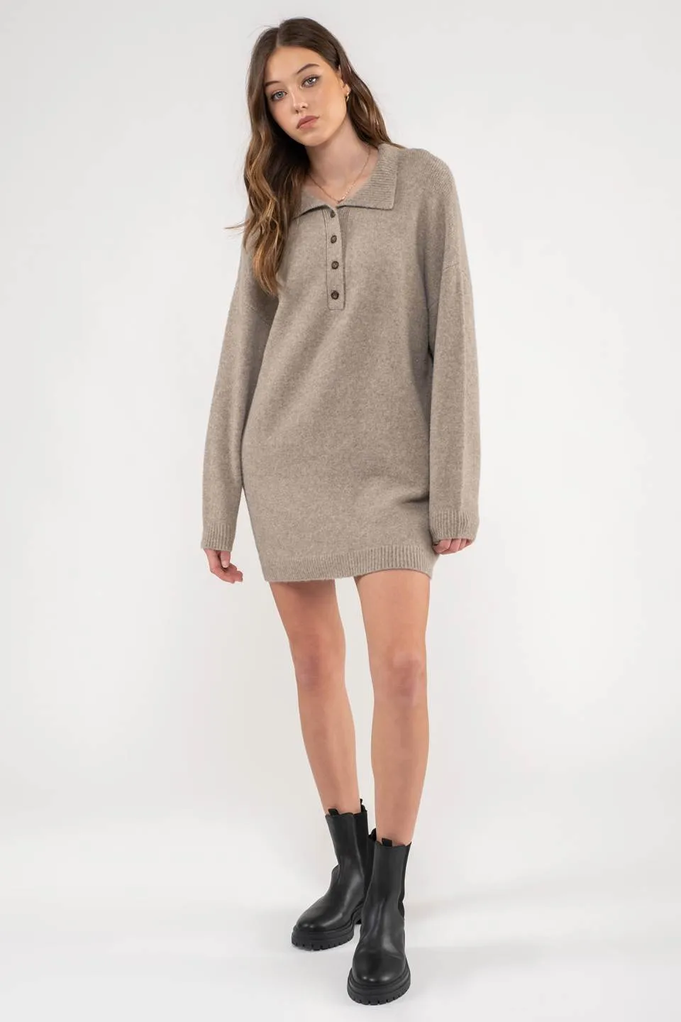 COLLARED DROP SHOULDER MINI SWEATER DRESS