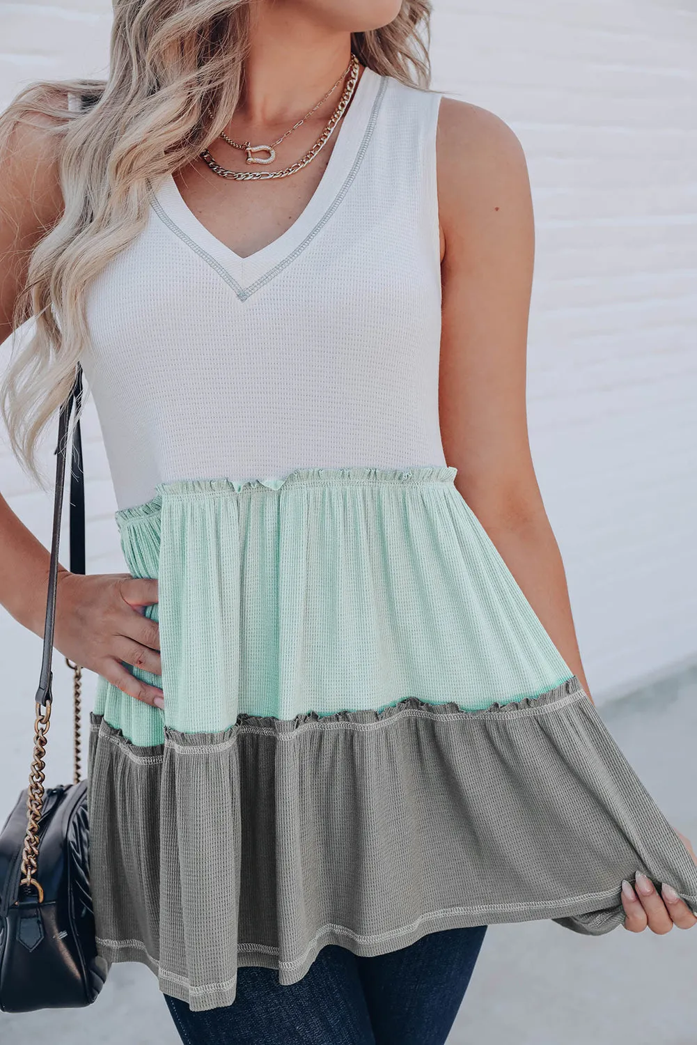 Colorblock Waffle Ruffle Tank Top