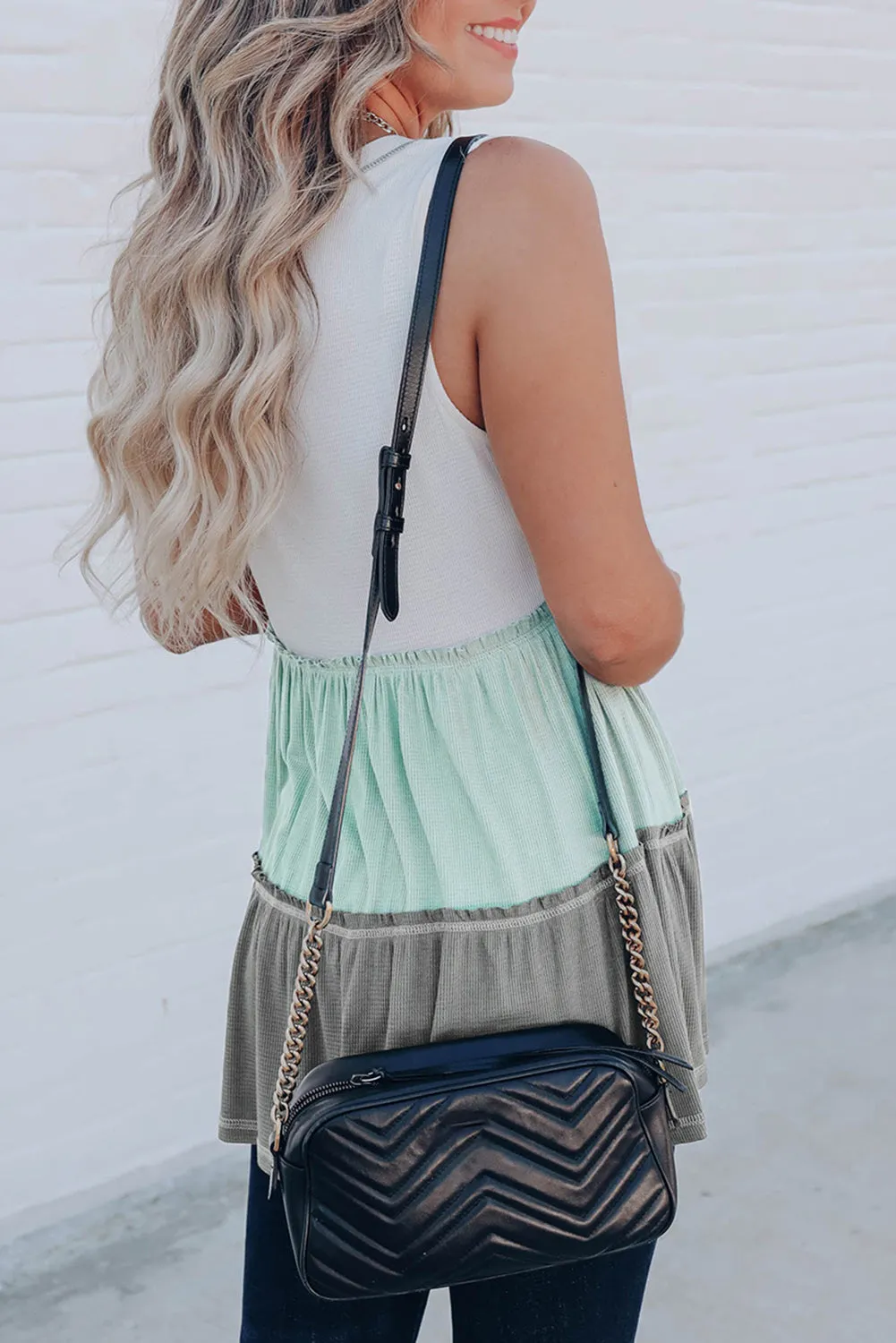 Colorblock Waffle Ruffle Tank Top