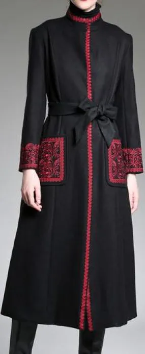 Contrasting Embroidered Wool Coat