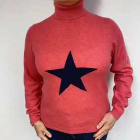 Coral Pink Star Cashmere Polo Neck Jumper Large