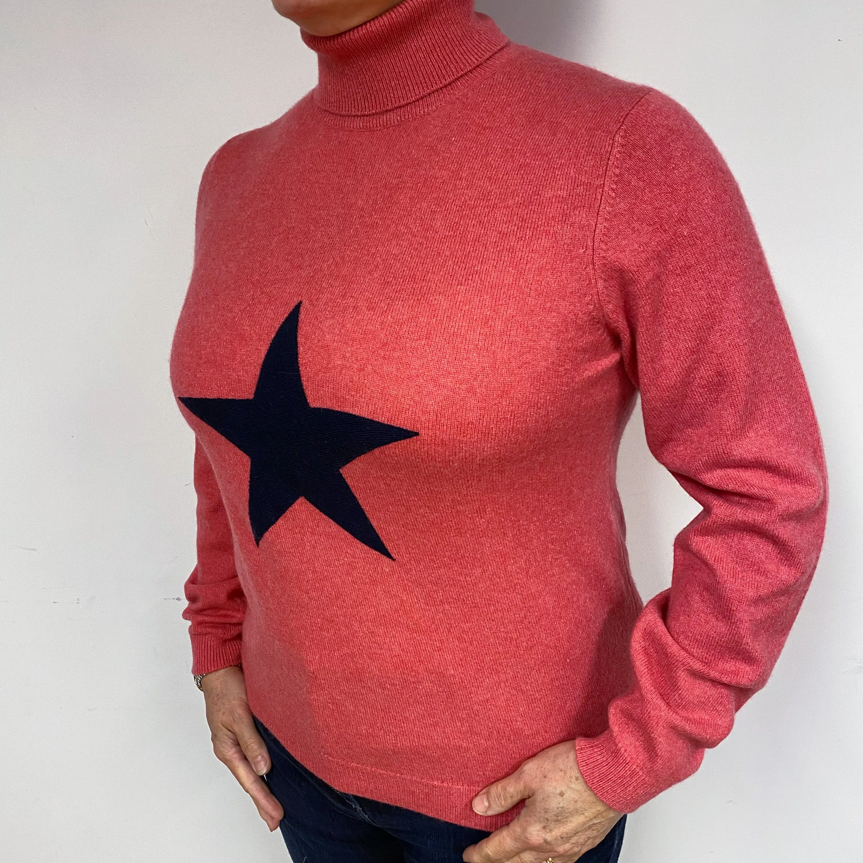 Coral Pink Star Cashmere Polo Neck Jumper Large