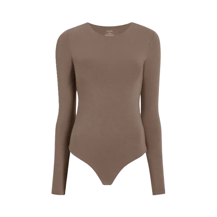 Cotton Stretch Long Sleeve Crewneck Bodysuit | Mocha