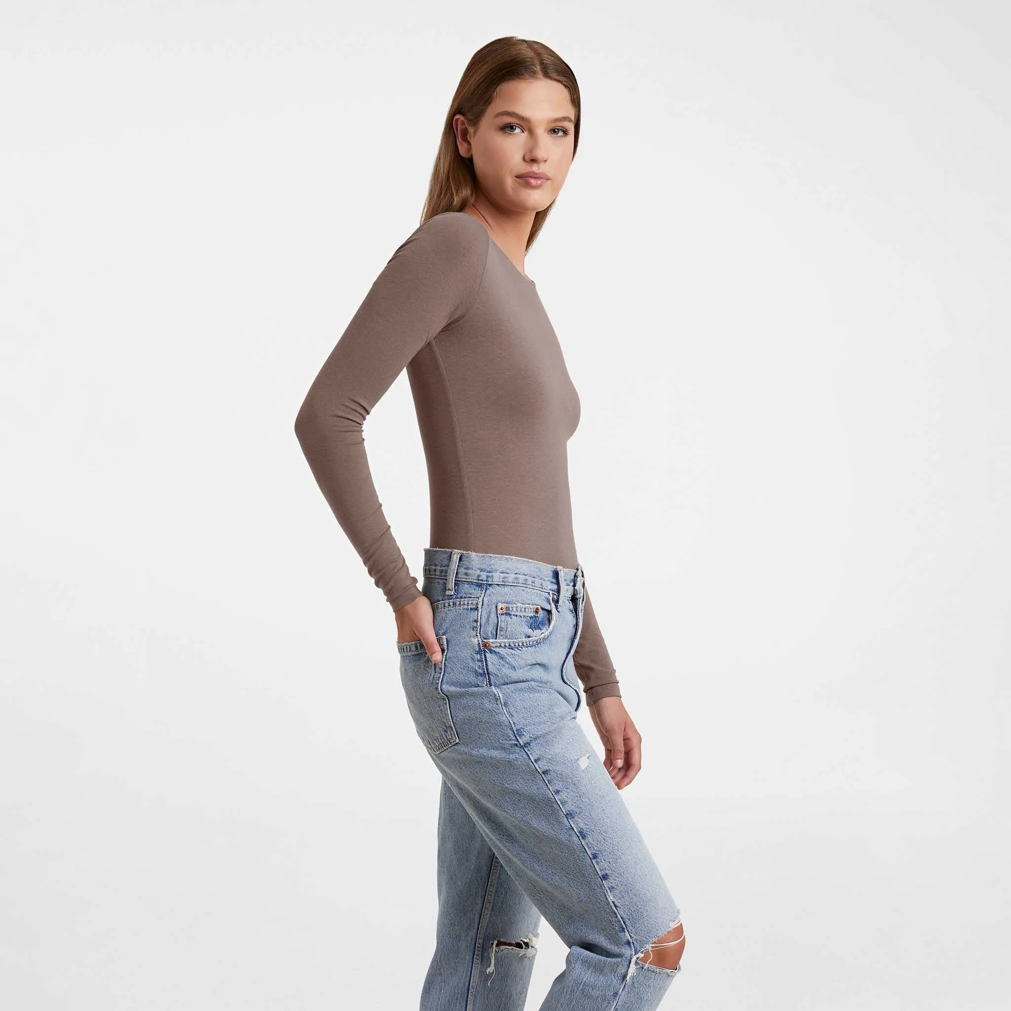 Cotton Stretch Long Sleeve Crewneck Bodysuit | Mocha