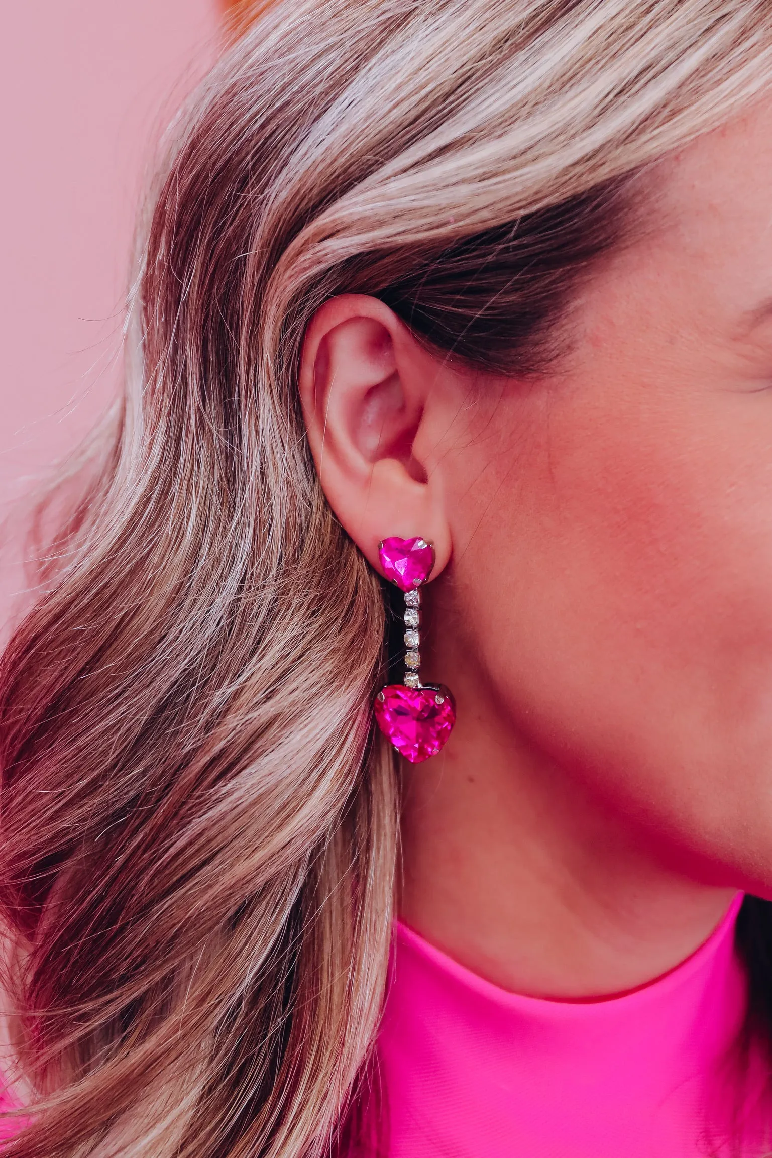 Dangling Heart Statement Earrings - Pink