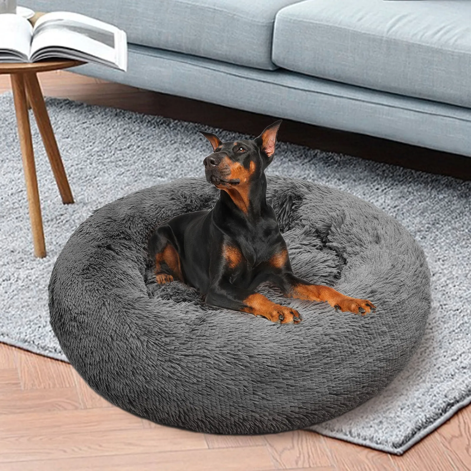 Dark Grey Plush Pet Calming Bed, Non-Slip, Washable, 100cm - Pawfriends