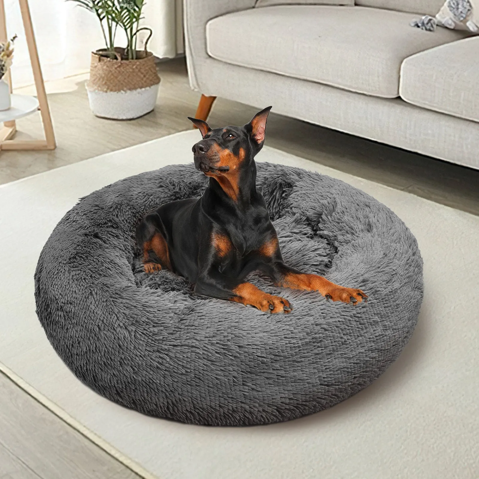 Dark Grey Plush Pet Calming Bed, Non-Slip, Washable, 100cm - Pawfriends