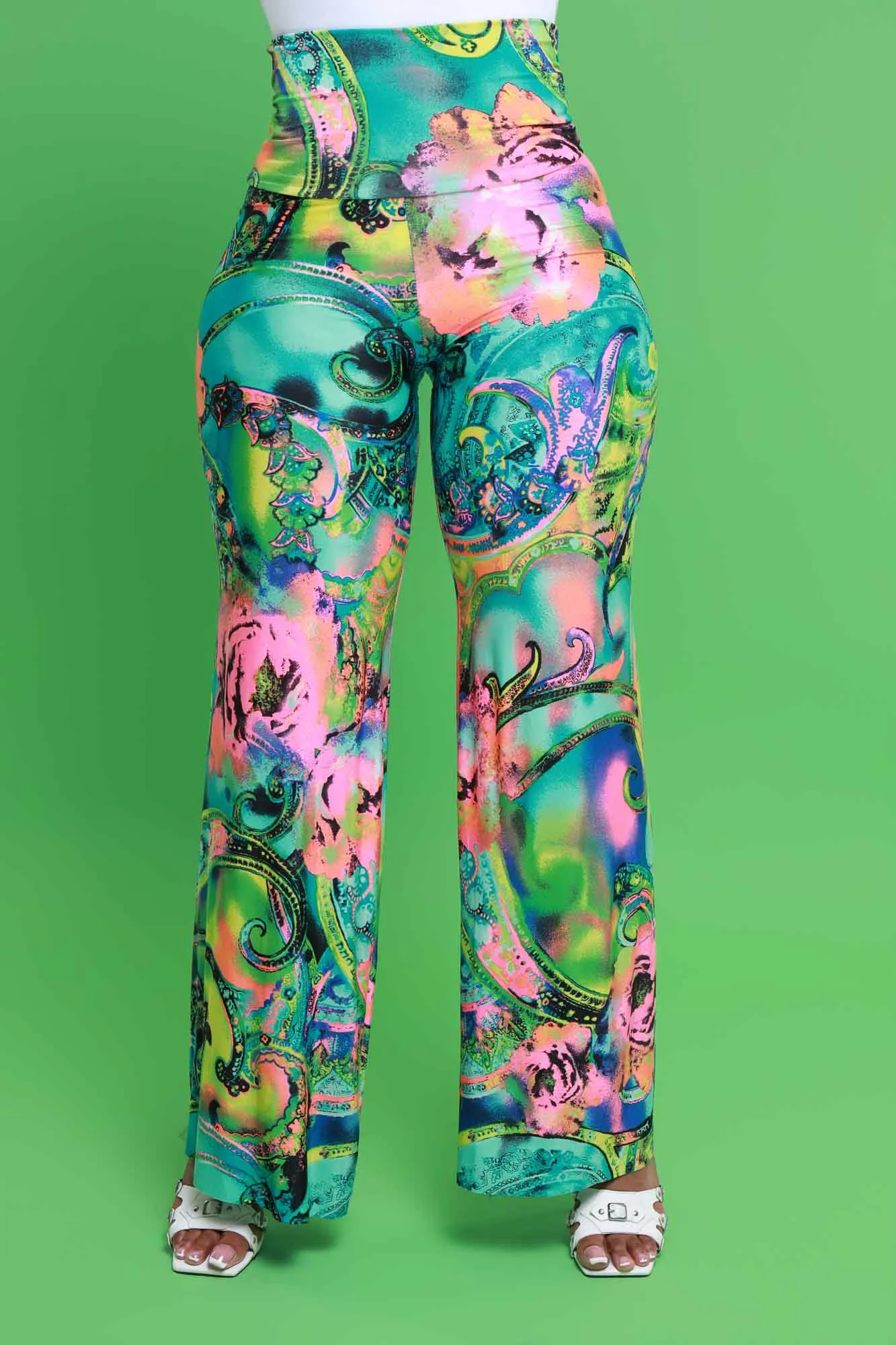 Daybreak High Waist BBL Print Palazzo Pants - Green Multicolor