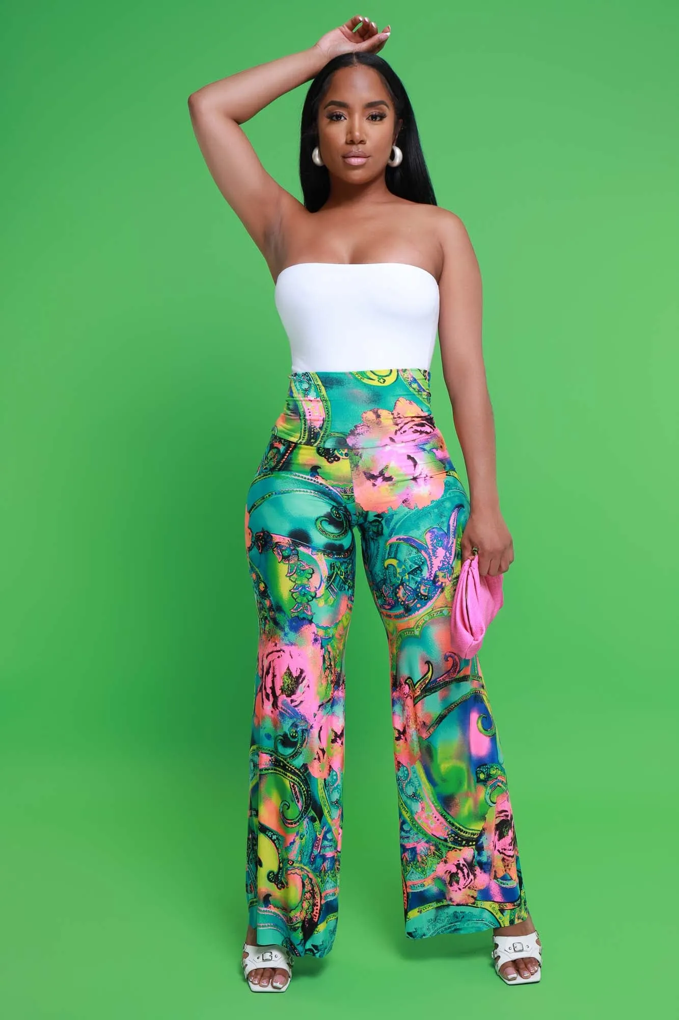 Daybreak High Waist BBL Print Palazzo Pants - Green Multicolor