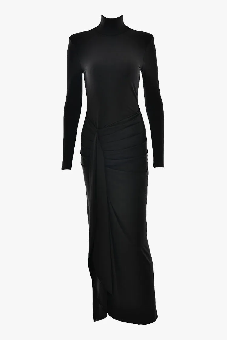 Diva High Neck Strong Shoulder Gathered Draped Split Formal Maxi Dress