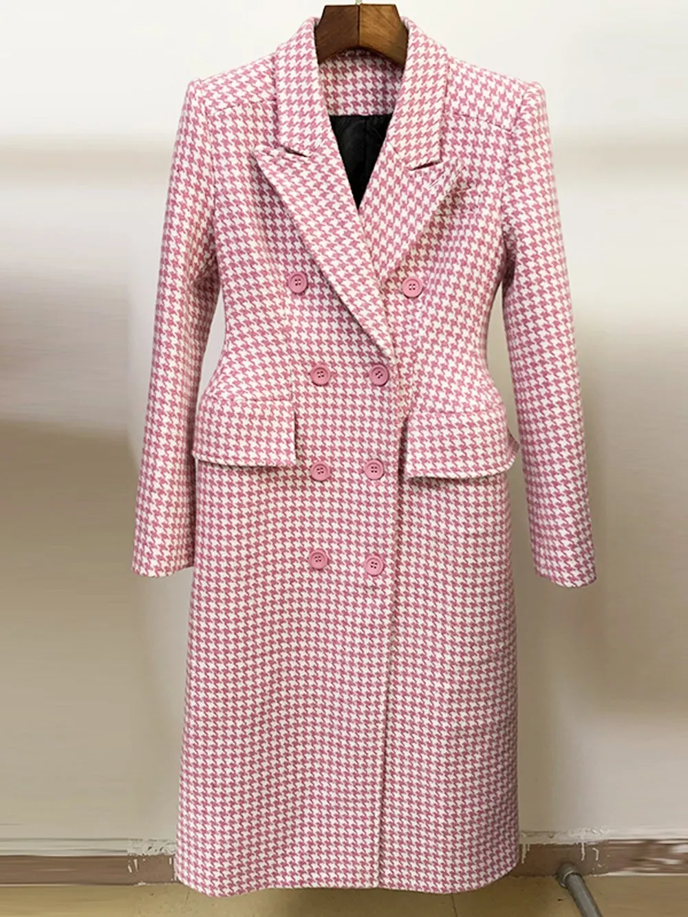 Double Breasted Pink Houndstooth Tweed Coat