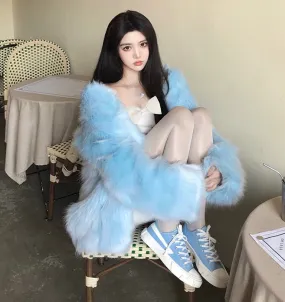 Elegant Electric Blue Fur Coat Jacket