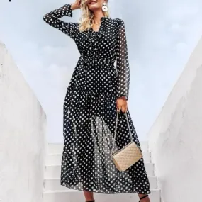 Elegant Polka Dot Long Sleeve Mesh Dress