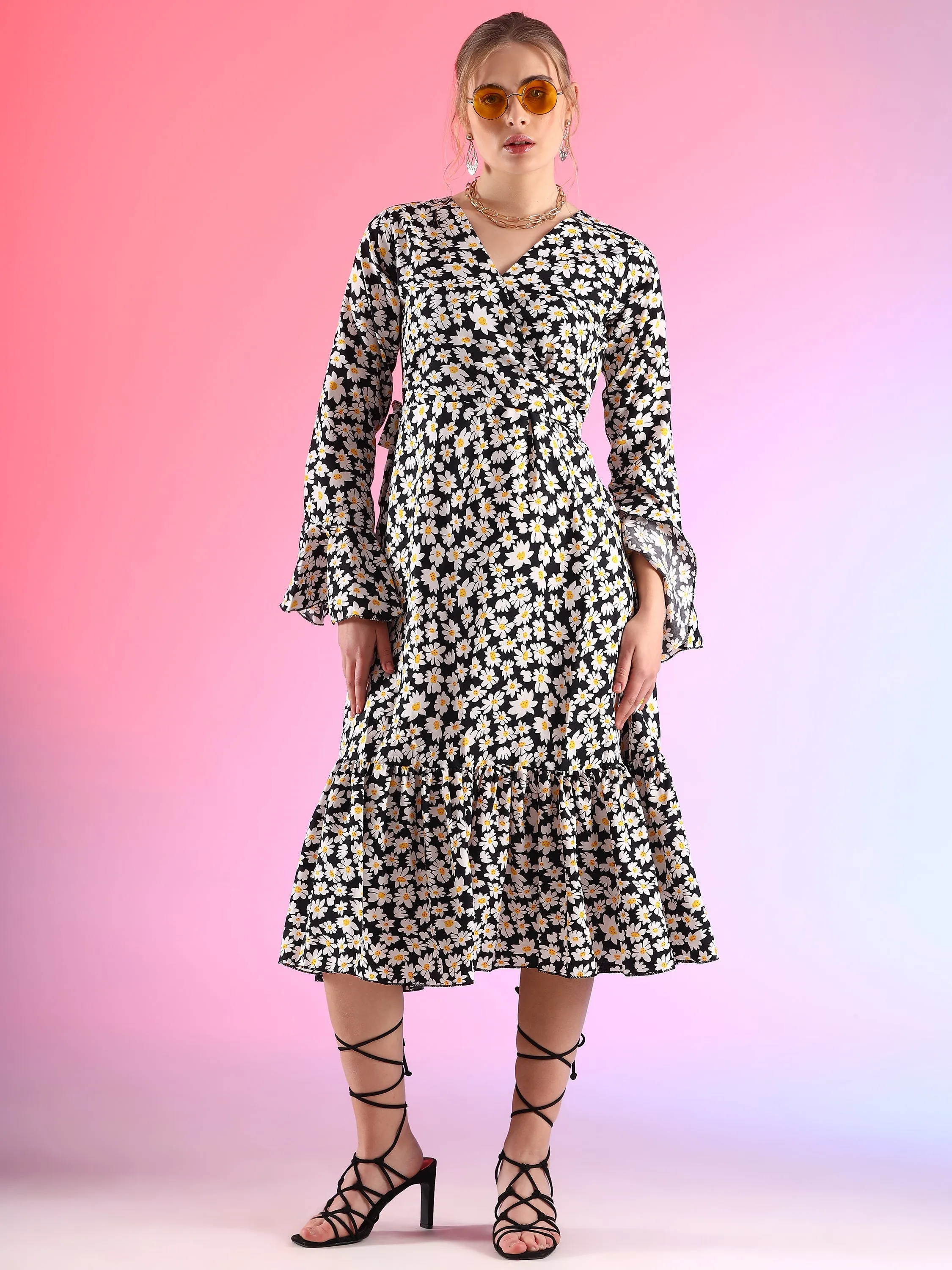 Elegant V-Neck Printed  A-line Midi Dress