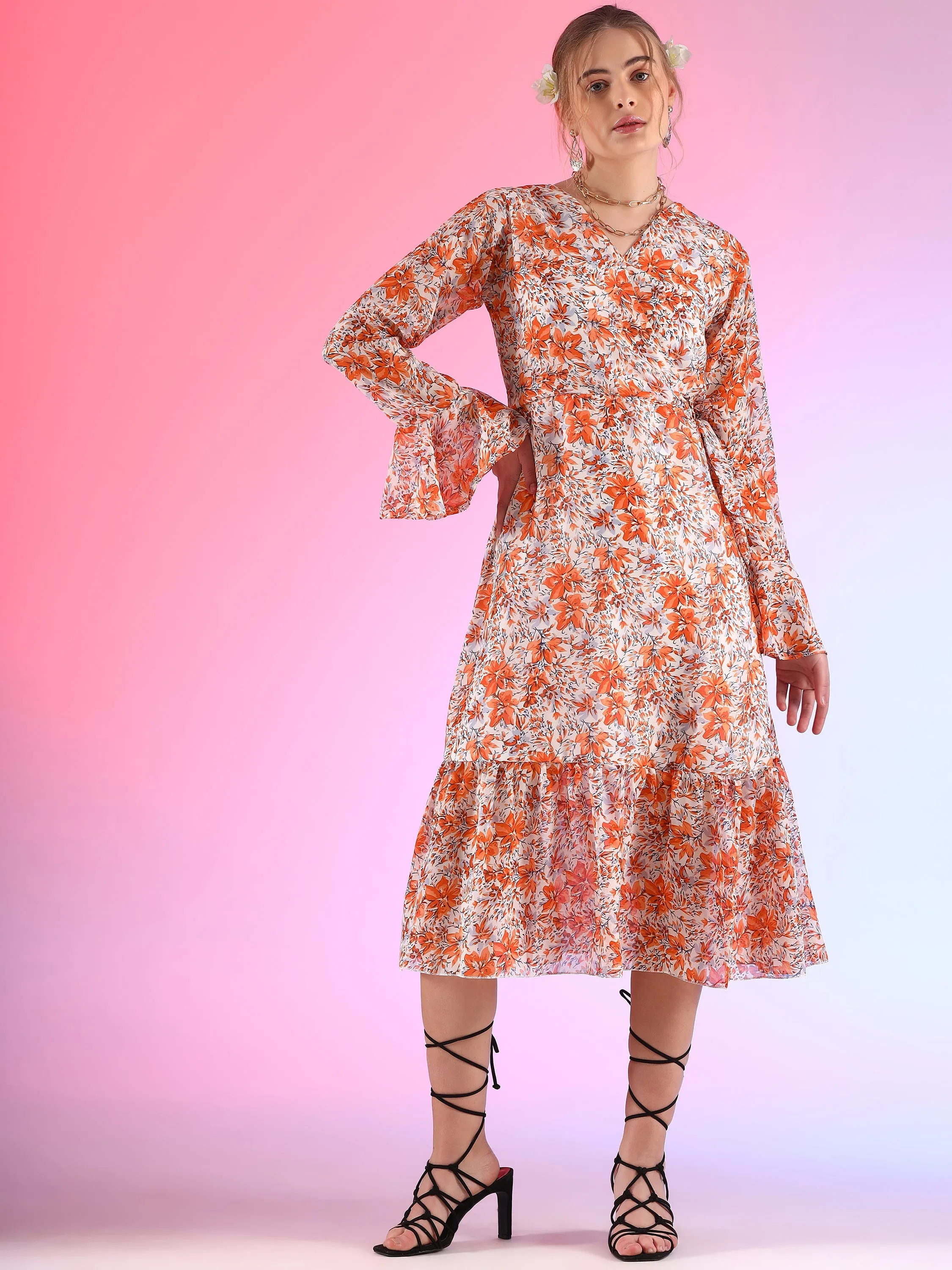 Elegant V-Neck Printed  A-line Midi Dress