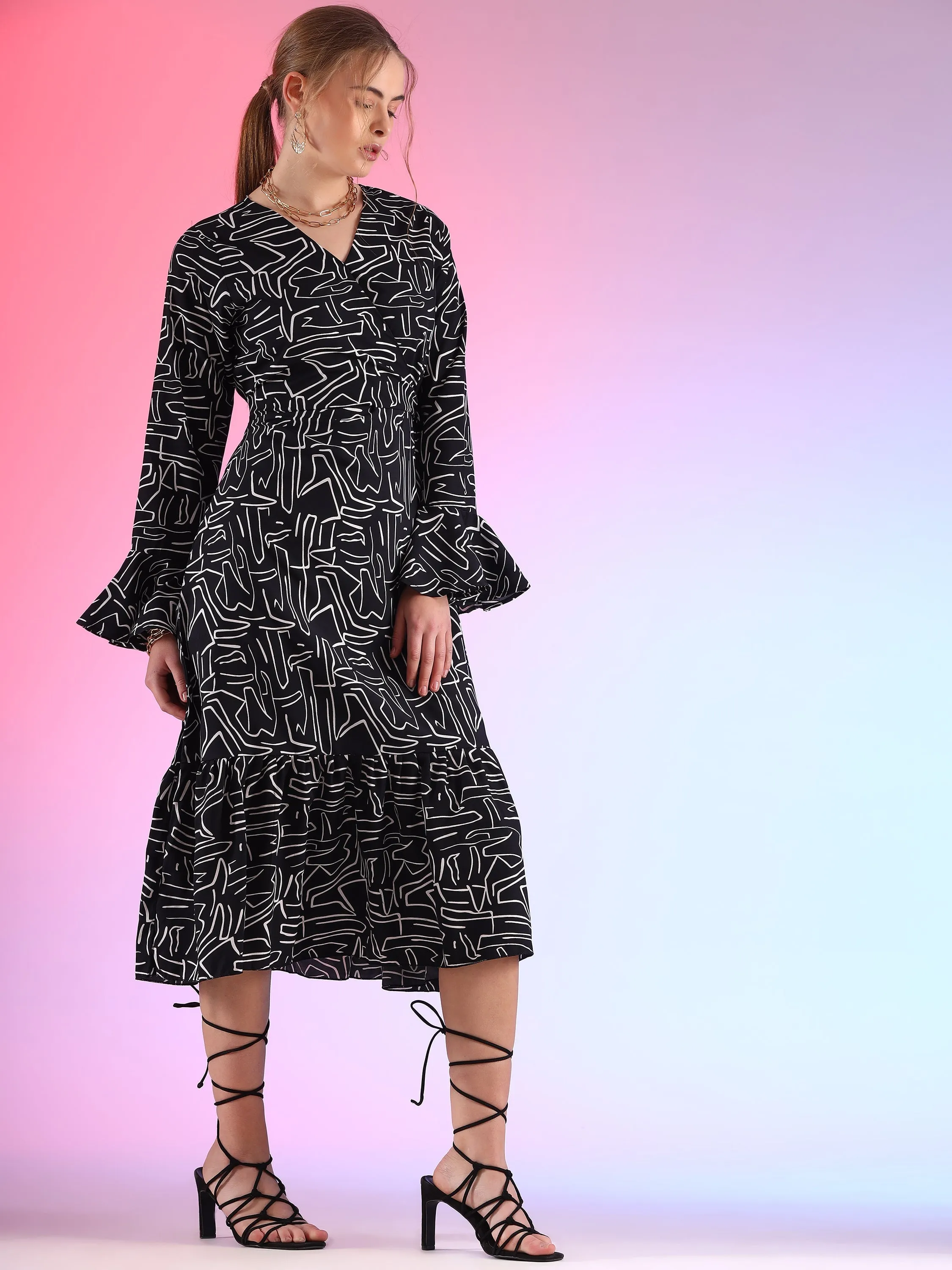 Elegant V-Neck Printed  A-line Midi Dress