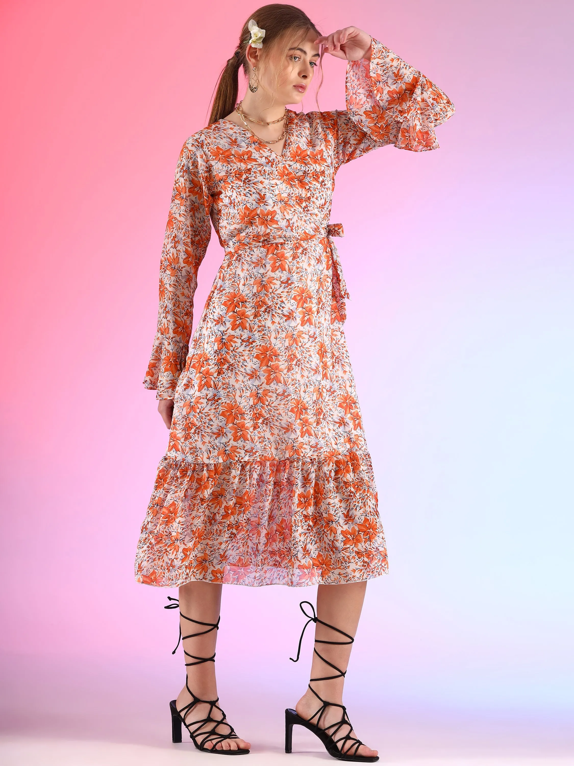 Elegant V-Neck Printed  A-line Midi Dress