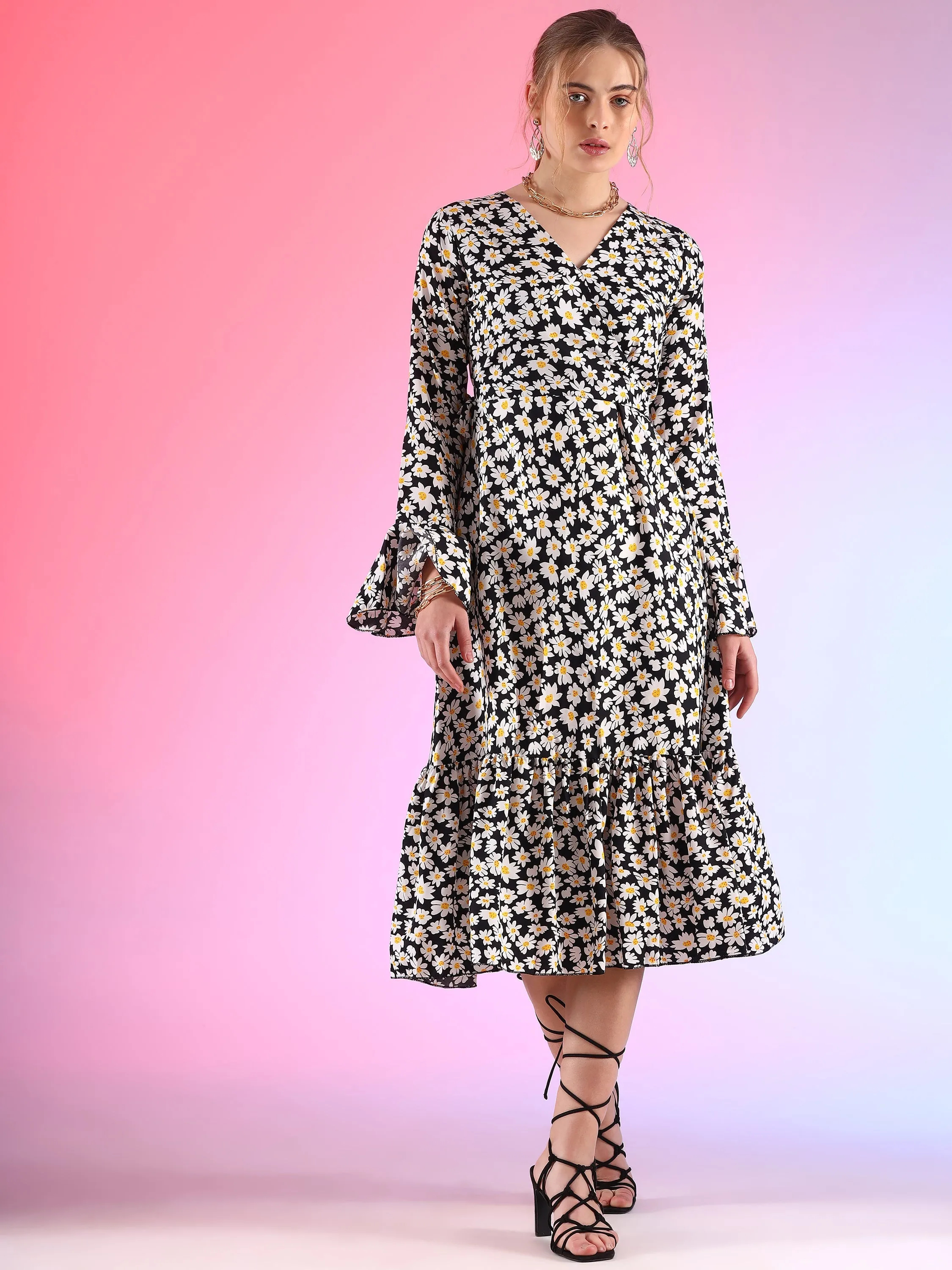 Elegant V-Neck Printed  A-line Midi Dress