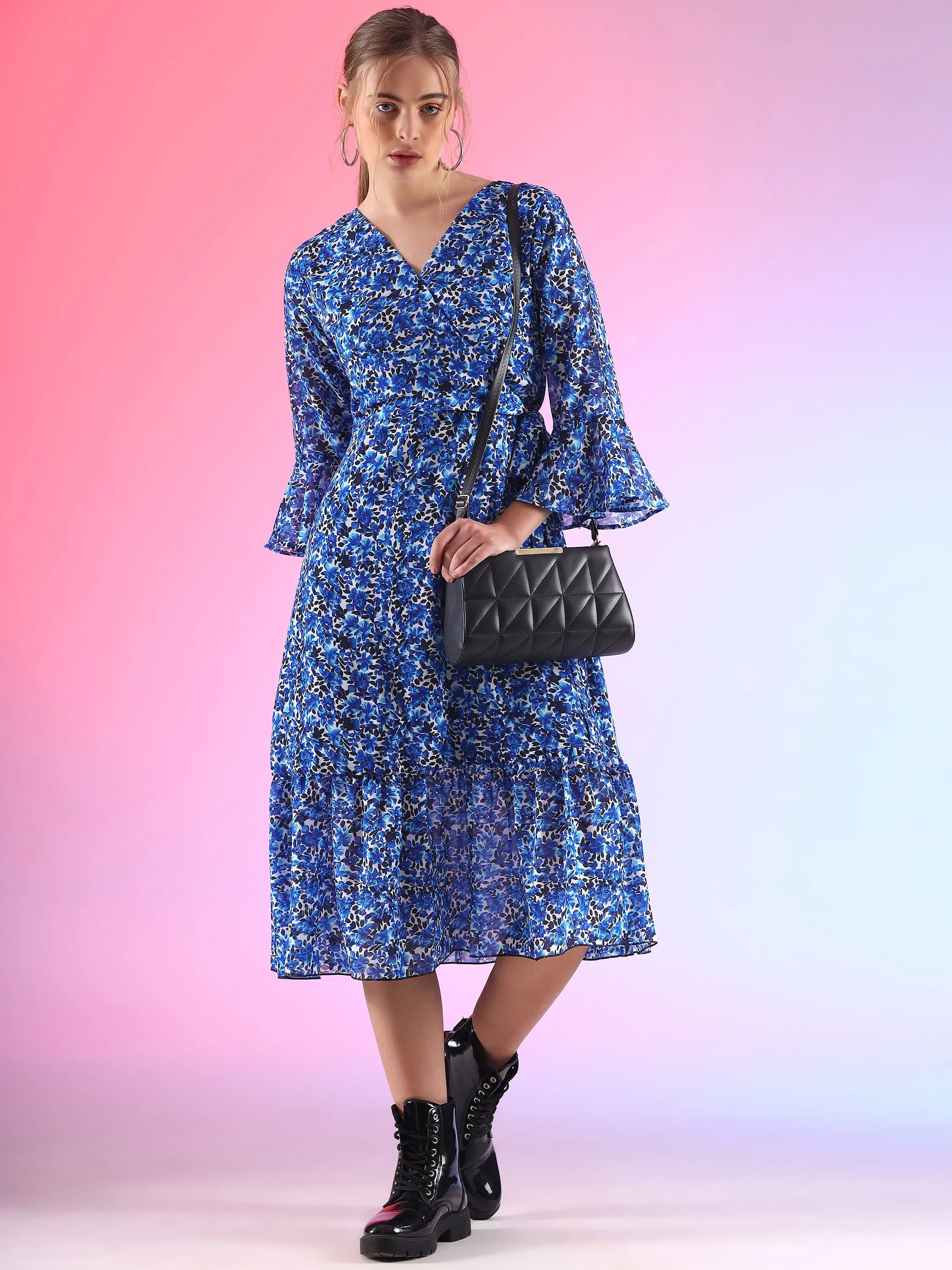 Elegant V-Neck Printed  A-line Midi Dress