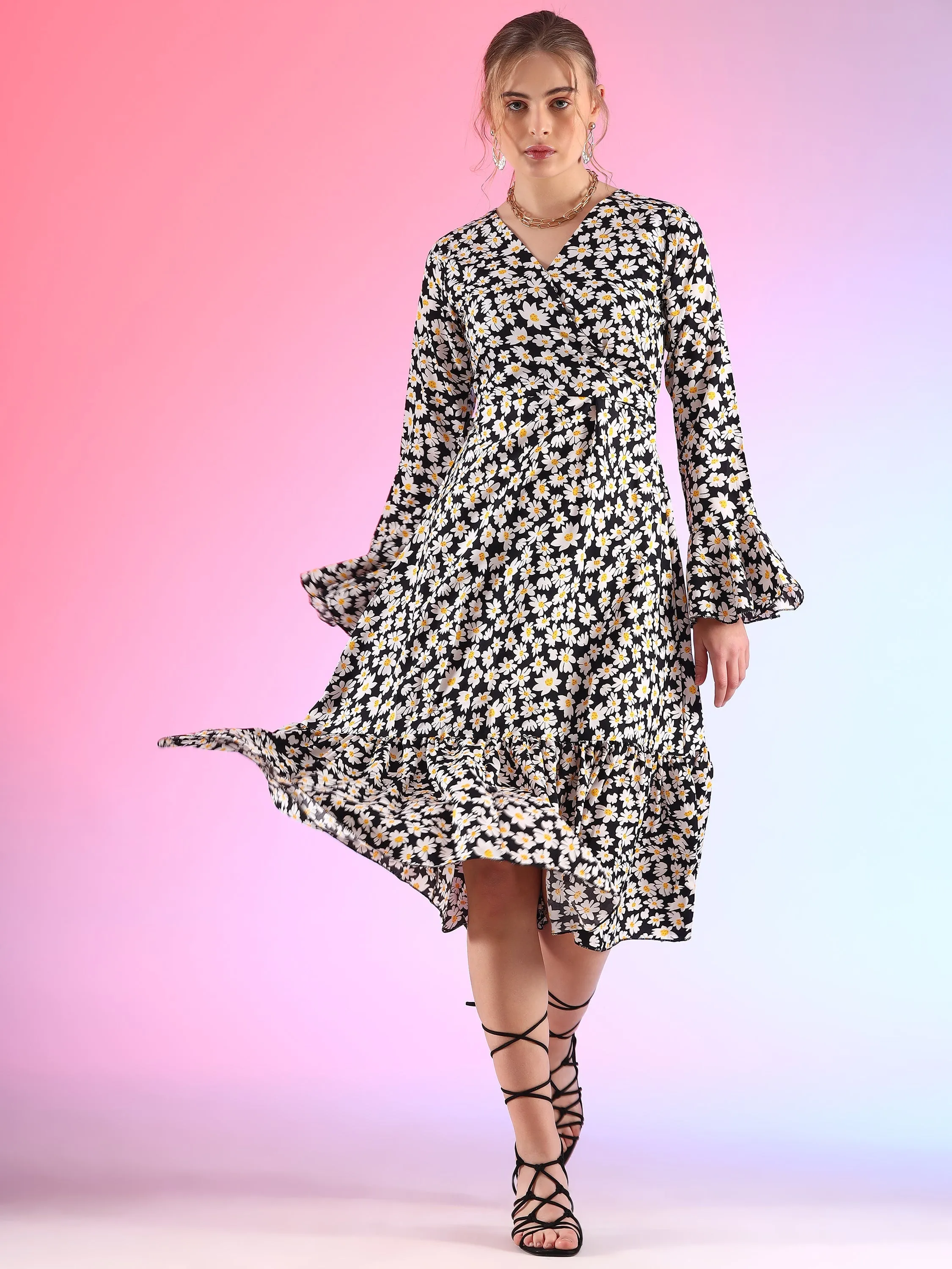 Elegant V-Neck Printed  A-line Midi Dress