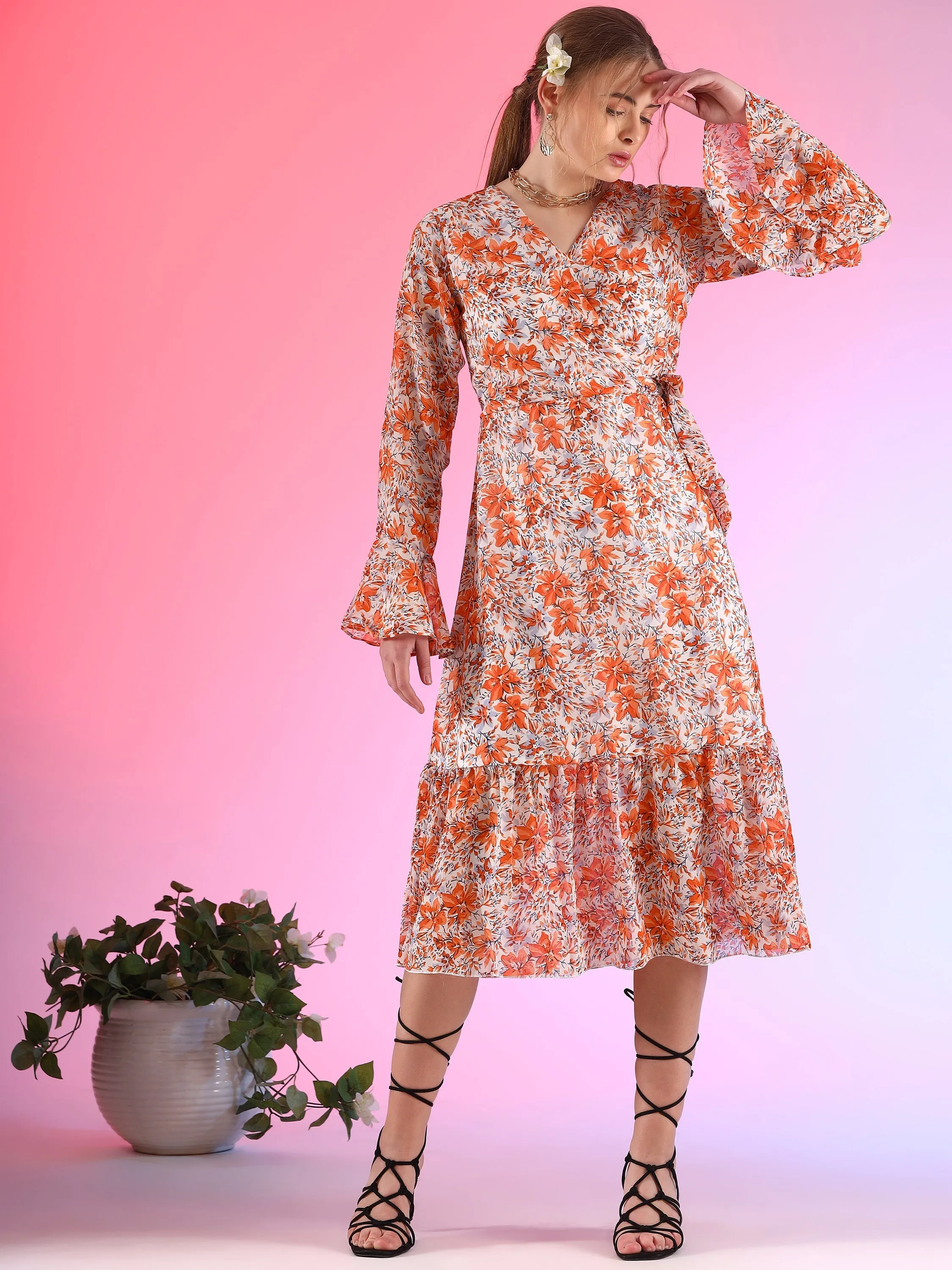 Elegant V-Neck Printed  A-line Midi Dress